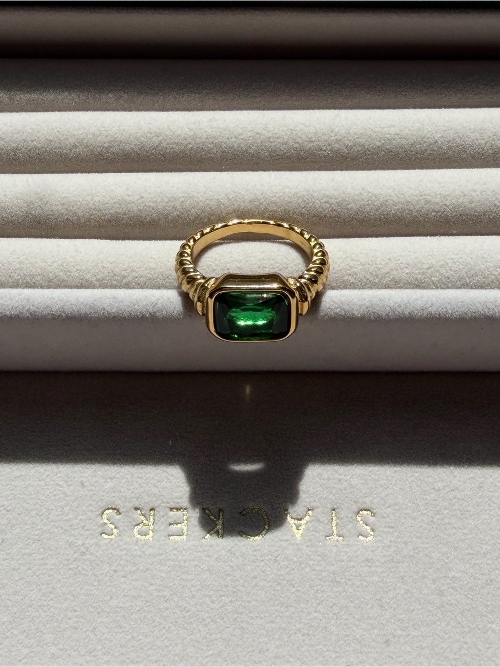 Gold-Toned Emerald-Cut Green Stone Statement Ring Size 8